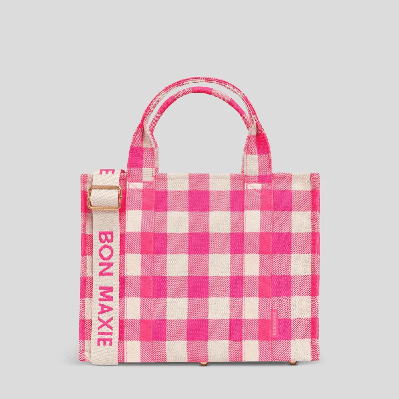 Small Bon Vivant Structured Tote Bag -- Mini Tote Neon Pink Gingham