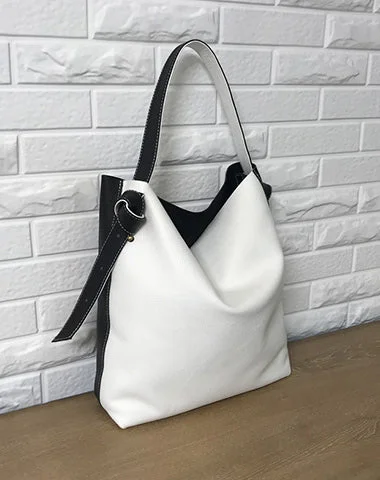 Stylish White Black Leather Tote Bag Shoulder Tote Bag Crossbody Tote Purse For Women