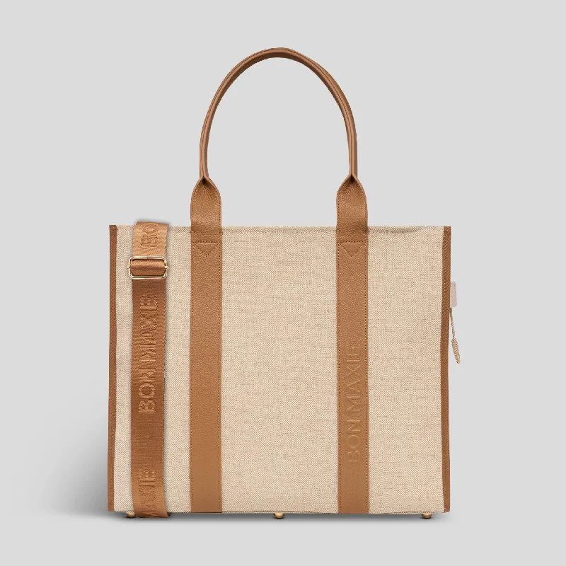 Large Bon Vivant Structured Tote Bag -- Jute Canvas Tan Leather