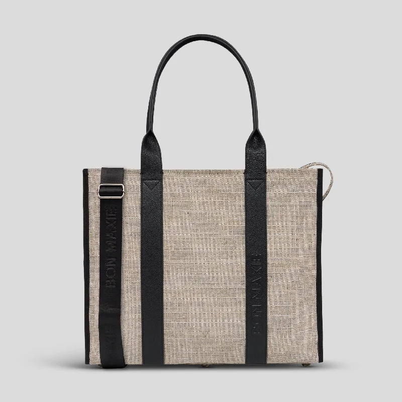 Large Bon Vivant Structured Tote Bag -- Jute Canvas Black Leather