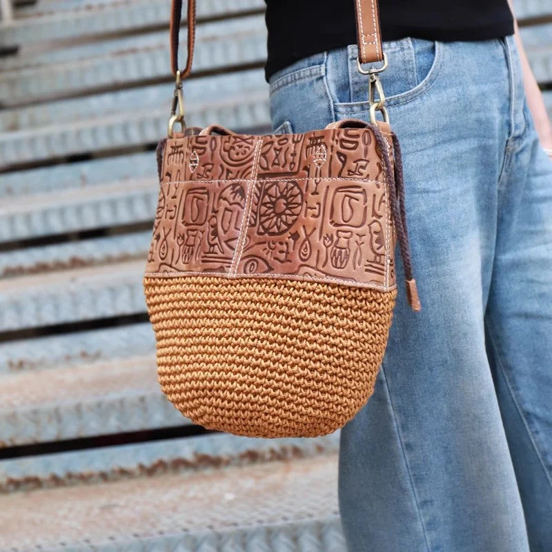 Boho Women's Small Crossbody Purse Woven Linen And Leather Bucket Handbags