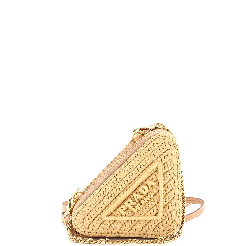 Triangle Logo Zip Around Shoulder Bag Raffia and Leather Mini