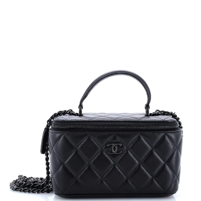 So Black Top Handle Vanity Case with Chain Quilted Lambskin Small