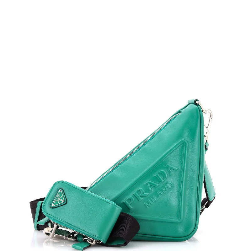 Triangle Logo Zip Chain Crossbody Bag Embossed Leather Small