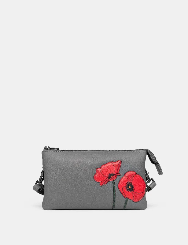 Poppy Flower Grey Leather Multiway Cross Body Bag