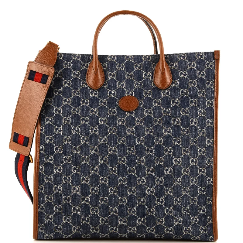 Interlocking G Patch Web Strap Convertible Tote GG Denim Tall