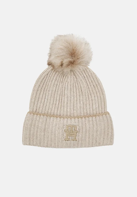 Tommy Hilfiger Festive Luxe Beanie Pom Pom, Oat Milk