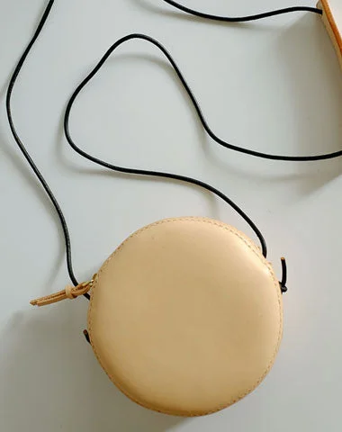 Cute Leather Beige Womens Small Round Crossbody Purse Circle Shoulder Bag for Women