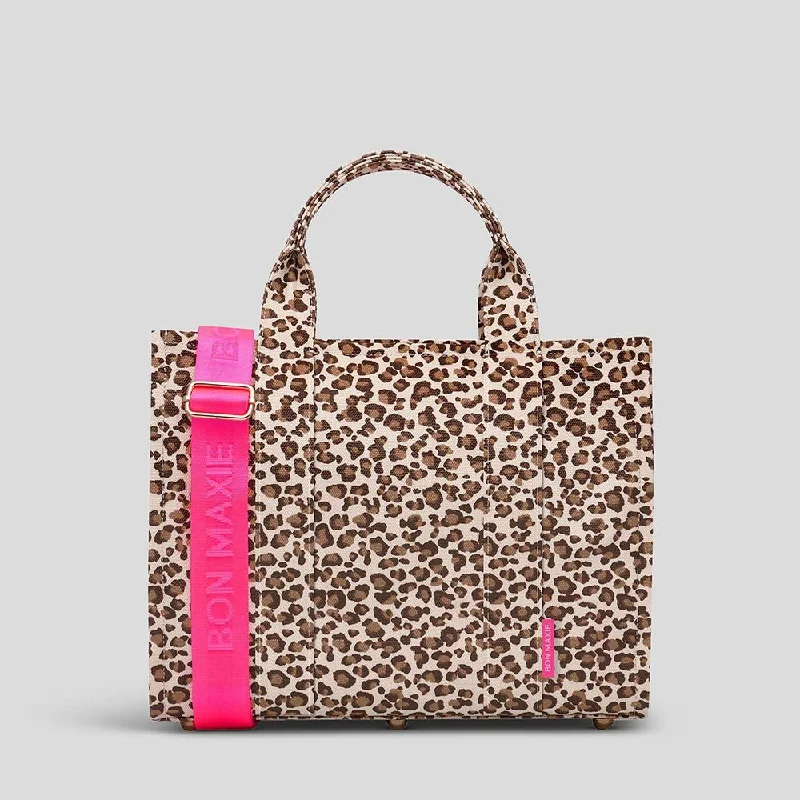 Small  Bon Vivant Structured Tote Bag -- Mini Tote Leopard/Neon Pink