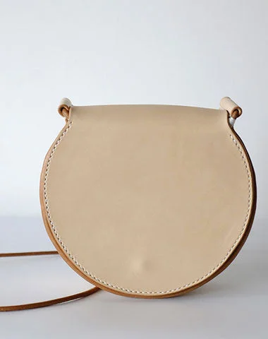 Cute Leather Beige Womens Small Round Saddle Crossbody Purse Shoulder Bag for Women