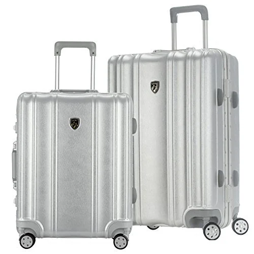 TPRC 2 Piece "Donna Collection" Surdy Aluminum Frame, WIDE-BODY, Color-Coordinated Accented Luggage with Dual TSA Locks Includes 28" Suitcase and 20" Carry-On Luggage, Silver Color Option