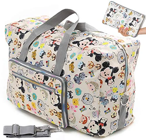 Foldable Travel Duffle Bag for Women Girls Large Cute Floral Weekender Overnight Carry On Bag for Kids Checked Luggage Bag (Z-Beige Mouse)