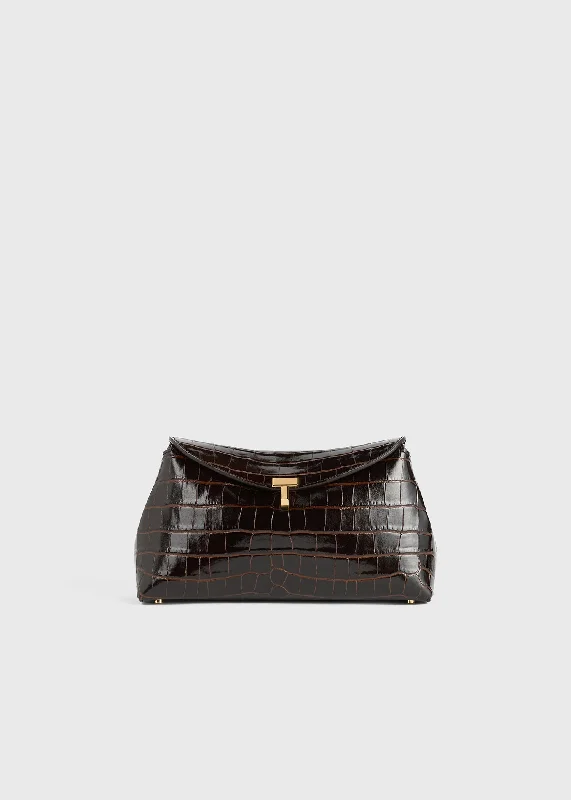 T-Lock croco-embossed clutch dark brown